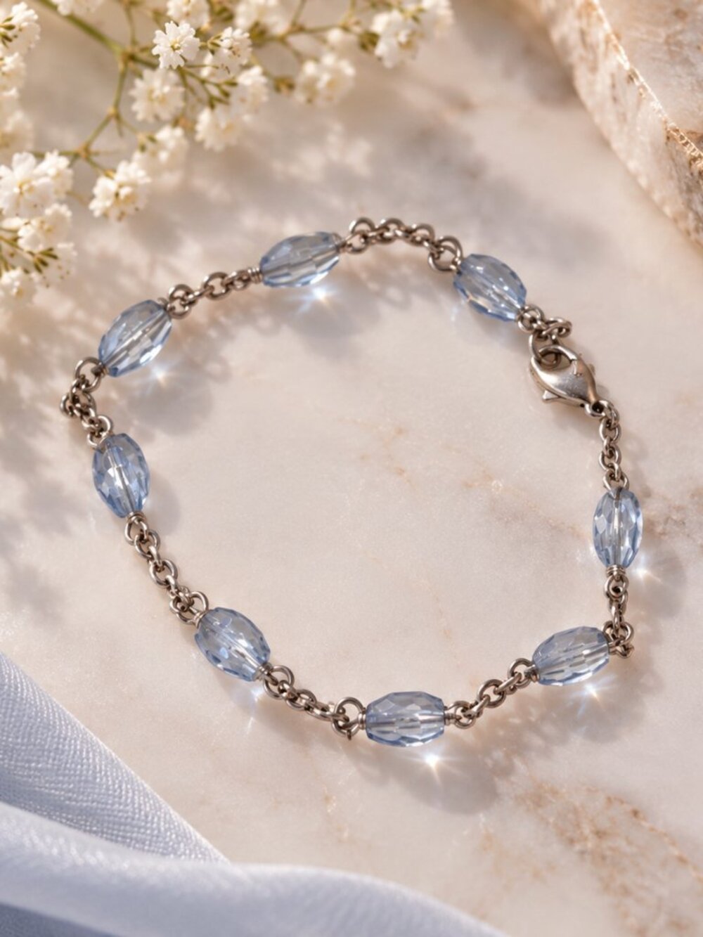 Vintage Light Blue Faceted Glass Bead Link Chain Bracelet